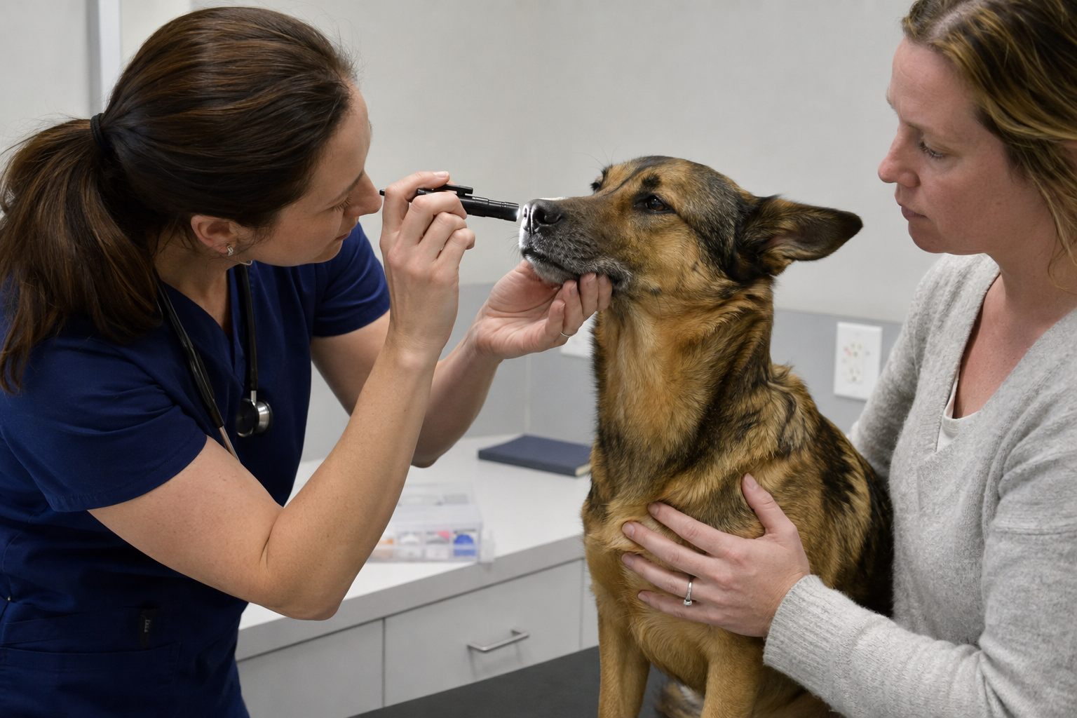 Veterinárka pri dermatologickom vyšetrení kontroluje ňufák pokojného psa